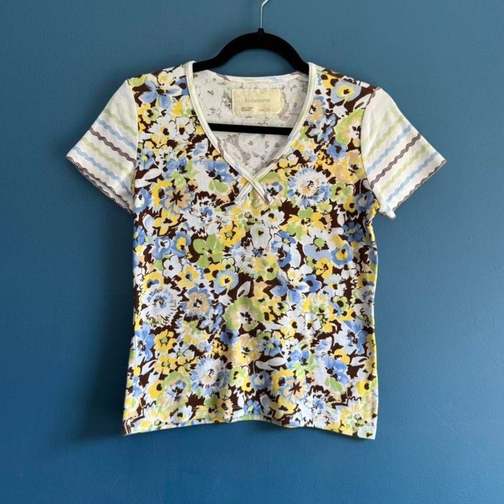 Y2K Floral V‎ Neck Women's Size Small Liz Claiborne Cotton Stripe Yellow Blue